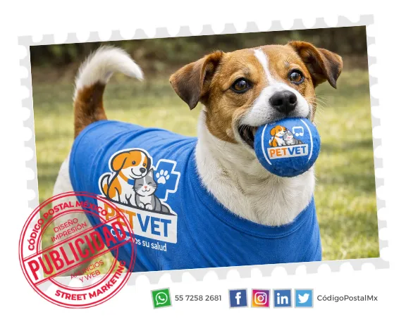 perrito con playera y pelota brandeadas con logo de veterinaria